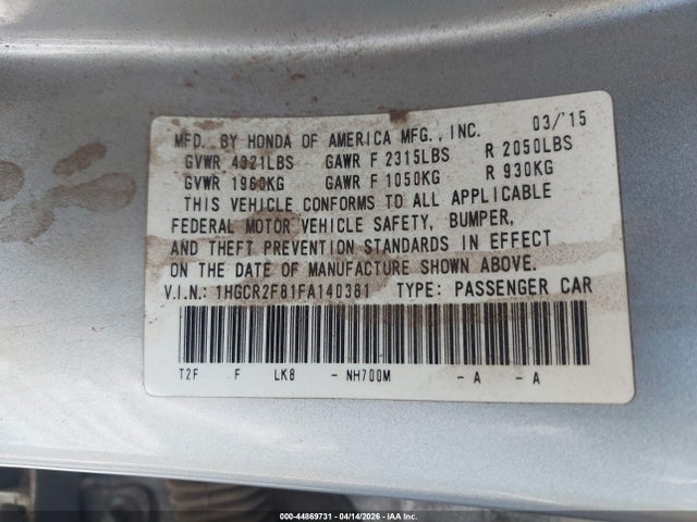 Honda Accord Ex-l 2015 1HGCR2F81FA140381 Image 9