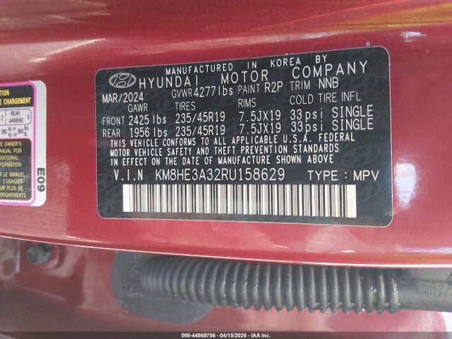 Aukcja sprzedaży 2024 Hyundai Kona Limited, vin: KM8HE3A32RU158629, numer aukcji: 44869756