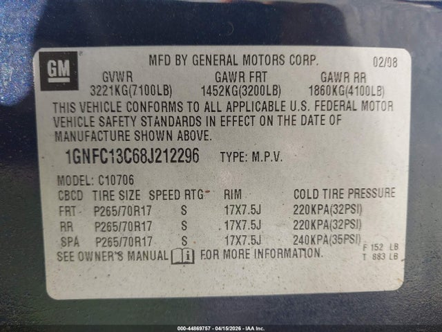 44869757 :رقم المزاد ، 1GNFC13C68J212296 vin ، 2008 Chevrolet Tahoe Ls مزاد بيع