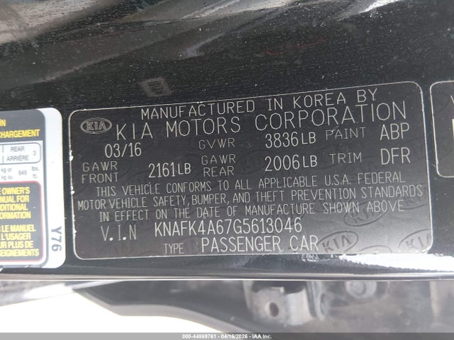 Aukcja sprzedaży 2016 Kia Forte Lx, vin: KNAFK4A67G5613046, numer aukcji: 44869761