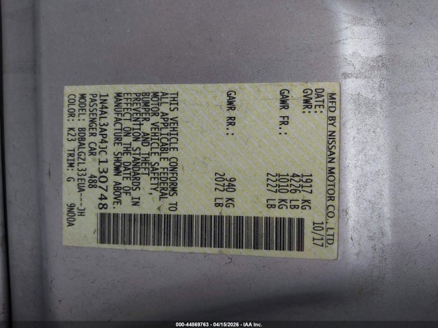 2018 Nissan Altima 2.5 S მანქანა იყიდება აუქციონზე, vin: 1N4AL3AP4JC130748, აუქციონის ნომერი: 44869763