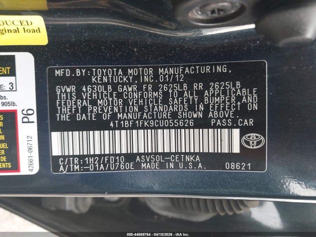 44869764 :رقم المزاد ، 4T1BF1FK9CU055626 vin ، 2012 Toyota Camry Le مزاد بيع