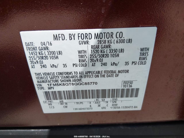 Ford EXPLORER SPORT 2016 1FM5K8GT8GGC85770 Image 9