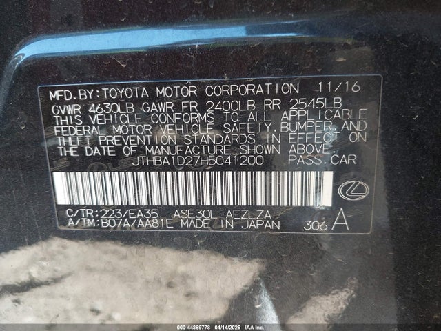 44869778 :رقم المزاد ، JTHBA1D27H5041200 vin ، 2017 Lexus Is 200t مزاد بيع