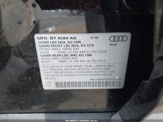 44869779 :رقم المزاد ، WA1BNAFY5K2027645 vin ، 2019 Audi Q5 45 Premium مزاد بيع