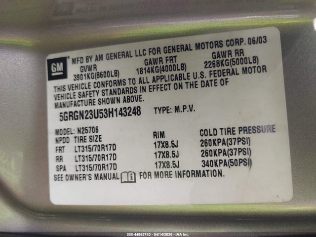 2003 HUMMER H2 5GRGN23U53H143248 Photo 8