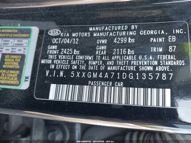 Продажа на аукционе авто 2013 Kia Optima Lx, vin: 5XXGM4A71DG135787, номер лота: 44869783