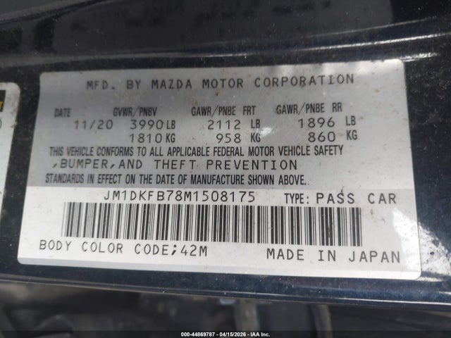 44869787 :رقم المزاد ، JM1DKFB78M1508175 vin ، 2021 Mazda Cx-3 Sport مزاد بيع
