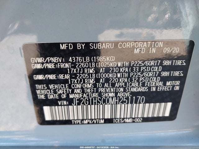 Aukcja sprzedaży 2021 Subaru Crosstrek Sport, vin: JF2GTHSC0MH251170, numer aukcji: 44869797