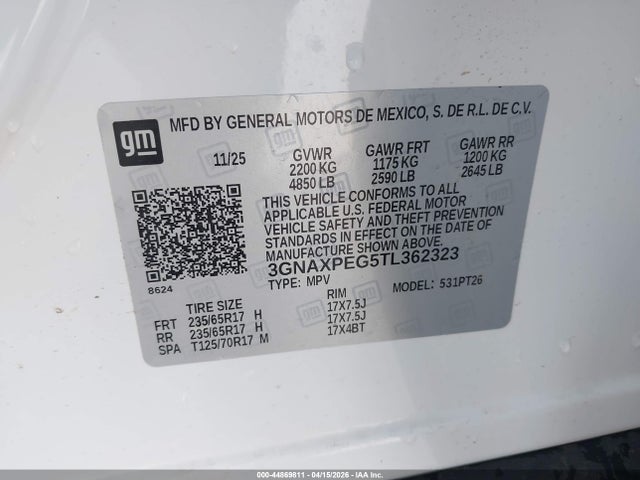 2026 Chevrolet Equinox Awd Lt მანქანა იყიდება აუქციონზე, vin: 3GNAXPEG5TL362323, აუქციონის ნომერი: 44869811