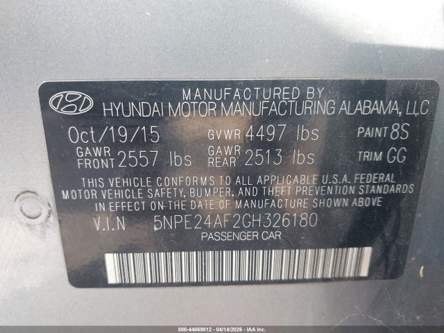 2016 Hyundai Sonata Se მანქანა იყიდება აუქციონზე, vin: 5NPE24AF2GH326180, აუქციონის ნომერი: 44869812