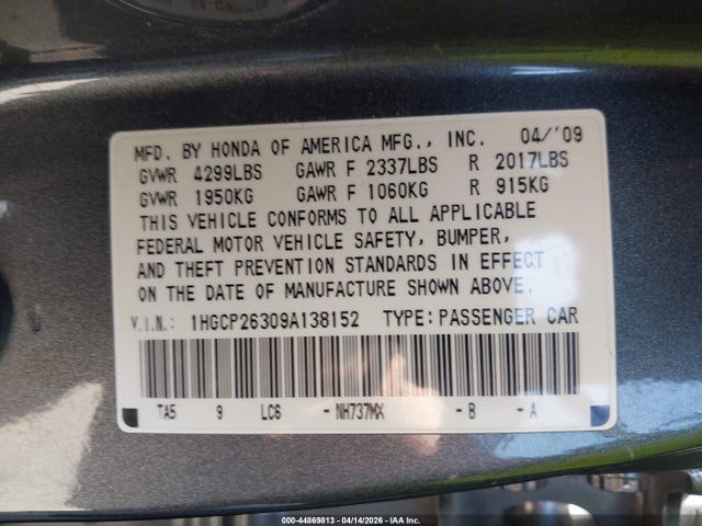 Продажа на аукционе авто 2009 Honda Accord 2.4 Lx, vin: 1HGCP26309A138152, номер лота: 44869813