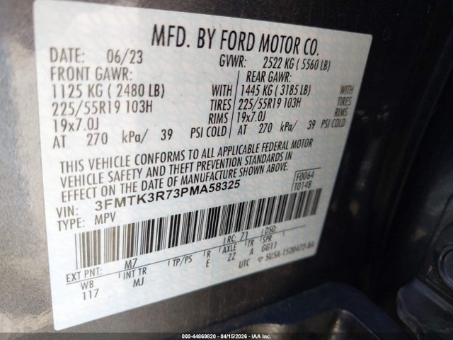 44869820 :رقم المزاد ، 3FMTK3R73PMA58325 vin ، 2023 Ford Mustang Mach-e Premium مزاد بيع