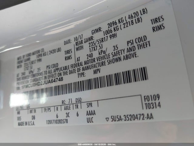 1FMCU0HD2JUA64748 Ford ESCAPE SEL