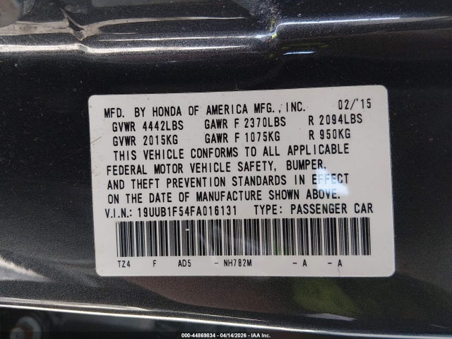 44869834 :رقم المزاد ، 19UUB1F54FA016131 vin ، 2015 Acura Tlx Tech مزاد بيع
