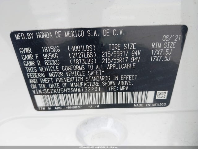 3CZRU5H59MM732231 Honda Hr-v 2wd Ex