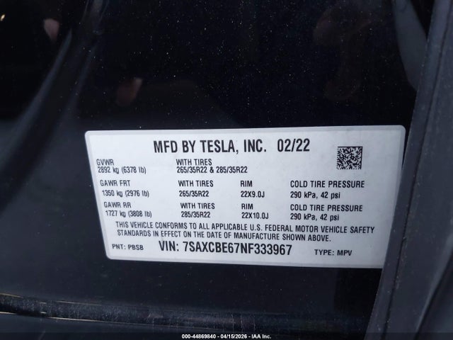 Aukcja sprzedaży 2022 Tesla Model X Plaid Tri Motor All-wheel Drive, vin: 7SAXCBE67NF333967, numer aukcji: 44869840