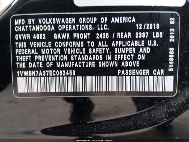 Продаж на аукціоні авто 2014 Volkswagen Passat 2.0l Tdi Se, vin: 1VWBN7A37EC062459, номер лоту: 44869857