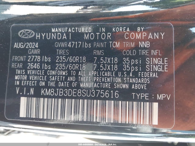 KM8JB3DE8SU375616 Hyundai TUCSON SEL