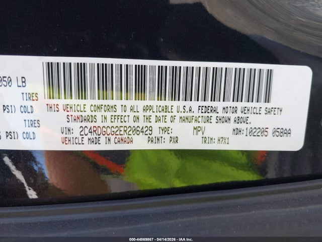 44869867 :رقم المزاد ، 2C4RDGCG2ER206429 vin ، 2014 Dodge Grand Caravan Sxt مزاد بيع