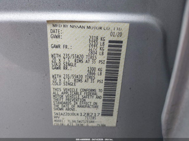 Продажа на аукционе авто 2020 Nissan Murano Platinum Fwd, vin: 5N1AZ2DJ0LN128217, номер лота: 44869868