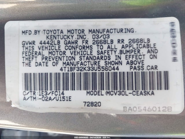2003 TOYOTA CAMRY 4T1BF32K33U556044 Photo 8