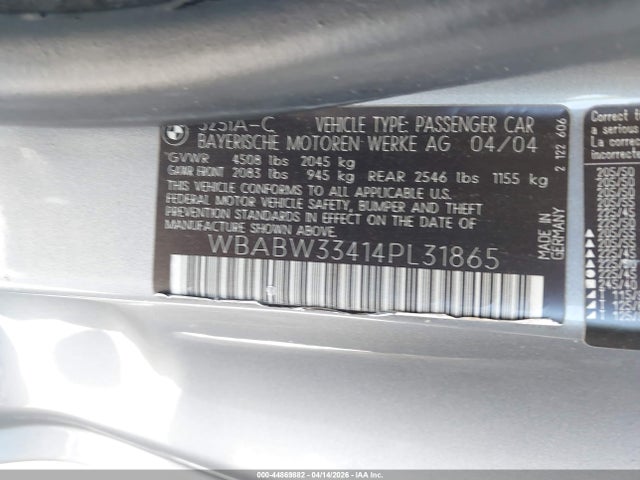 44869882 :رقم المزاد ، WBABW33414PL31865 vin ، 2004 Bmw 325ci مزاد بيع