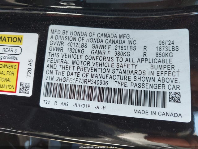 Honda CIVIC EX 2024 2HGFE1F73RH340906 Image 9