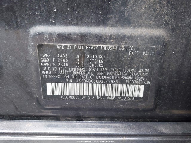 2013 Subaru Legacy 2.5i Premium მანქანა იყიდება აუქციონზე, vin: 4S3BMBC68D3047936, აუქციონის ნომერი: 44869901