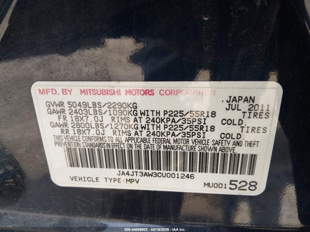Aukcja sprzedaży 2012 Mitsubishi Outlander Se, vin: JA4JT3AW3CU001246, numer aukcji: 44869902