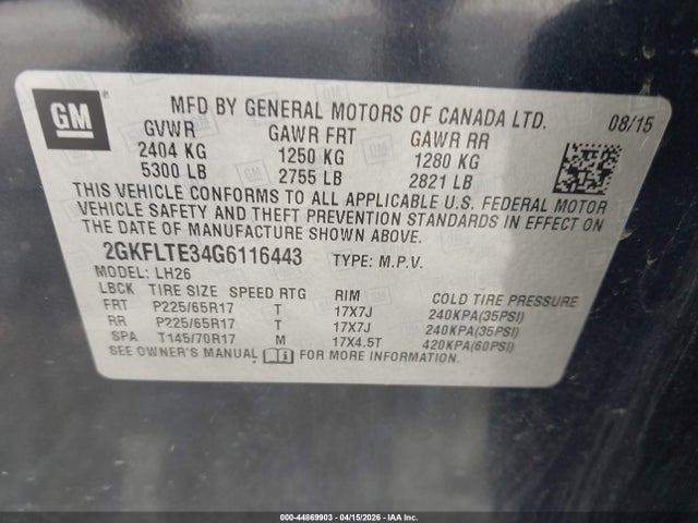 Aukcja sprzedaży 2016 Gmc Terrain Sle-2, vin: 2GKFLTE34G6116443, numer aukcji: 44869903