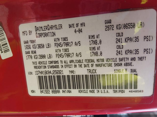 44869911 :رقم المزاد ، 1D7HA16K04J256921 vin ، 2004 Dodge Ram 1500 St مزاد بيع