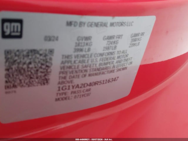 44869921 :رقم المزاد ، 1G1YA2D40R5116347 vin ، 2024 Chevrolet Corvette Stingray Rwd  1lt مزاد بيع