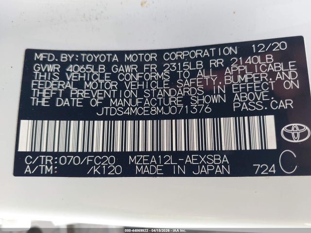 JTDS4MCE8MJ071376 Toyota COROLLA SE