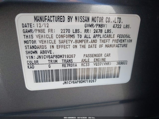 2013 Infiniti G37 Journey მანქანა იყიდება აუქციონზე, vin: JN1CV6AP8DM719267, აუქციონის ნომერი: 44869925