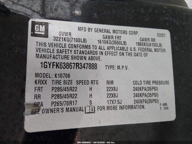 44869927 :رقم المزاد ، 1GYFK63867R347888 vin ، 2007 Cadillac Escalade Standard مزاد بيع