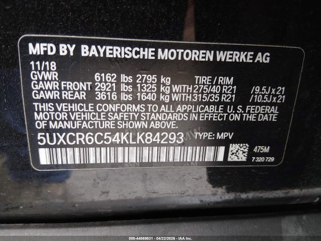 2019 Bmw X5 Xdrive40i მანქანა იყიდება აუქციონზე, vin: 5UXCR6C54KLK84293, აუქციონის ნომერი: 44869931