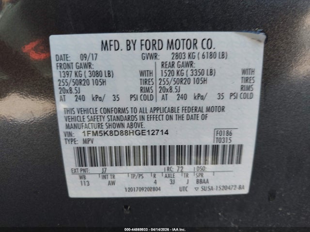 1FM5K8D88HGE12714 Ford EXPLORER XLT