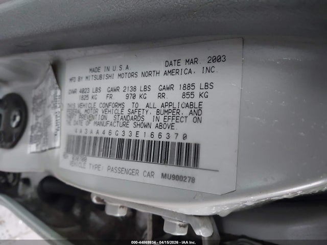 Aukcja sprzedaży 2003 Mitsubishi Galant Es/ls, vin: 4A3AA46G33E166370, numer aukcji: 44869934