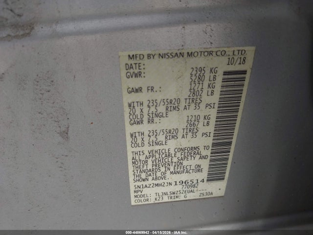 5N1AZ2MH2JN196514 Nissan Murano Platinum