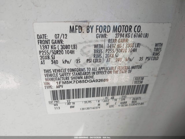 Продажа на аукционе авто 2013 Ford Explorer Xlt, vin: 1FM5K7D85DGA92689, номер лота: 44869945