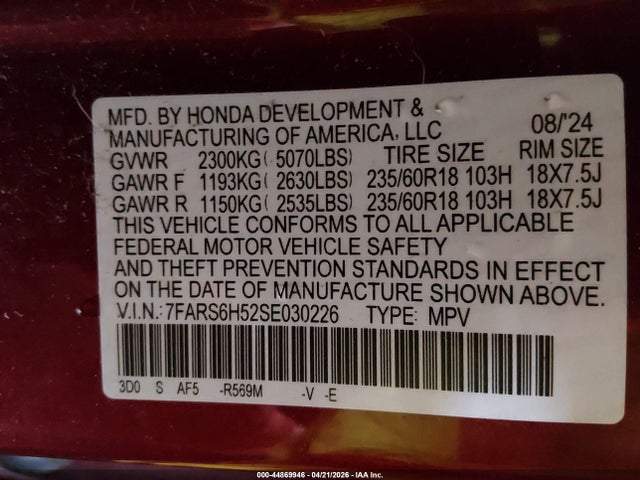44869946 :رقم المزاد ، 7FARS6H52SE030226 vin ، 2025 Honda Cr-v Hybrid Sport مزاد بيع