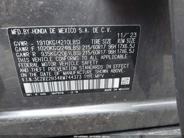 2024 Honda Hr-v Awd Lx მანქანა იყიდება აუქციონზე, vin: 3CZRZ2H34RM744373, აუქციონის ნომერი: 44869948