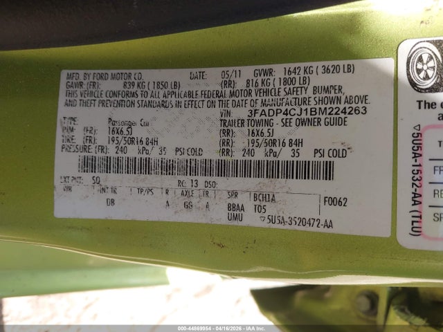 44869954 :رقم المزاد ، 3FADP4CJ1BM224263 vin ، 2011 Ford Fiesta Sel مزاد بيع
