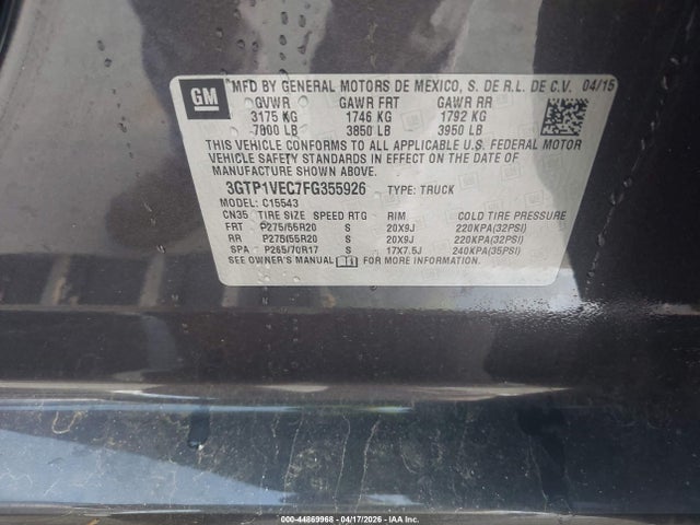 Продажа на аукционе авто 2015 Gmc Sierra 1500 Slt, vin: 3GTP1VEC7FG355926, номер лота: 44869968