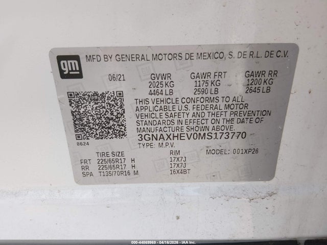 44869969 :رقم المزاد ، 3GNAXHEV0MS173770 vin ، 2021 Chevrolet Equinox Fwd Ls مزاد بيع