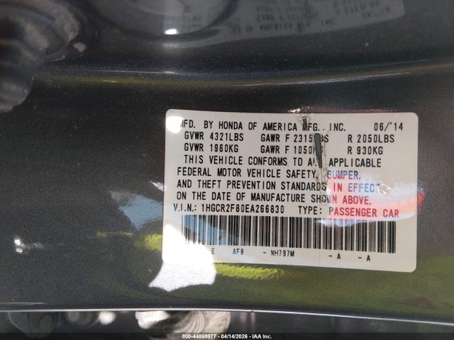 1HGCR2F80EA266830 Honda Accord Ex-l