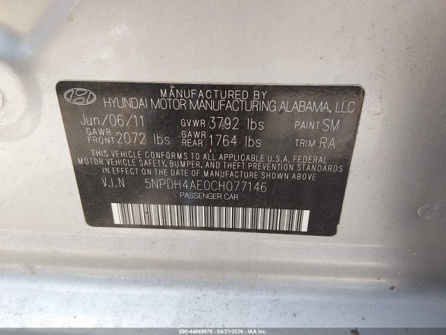 Продажа на аукционе авто 2012 Hyundai Elantra Gls, vin: 5NPDH4AE0CH077146, номер лота: 44869978