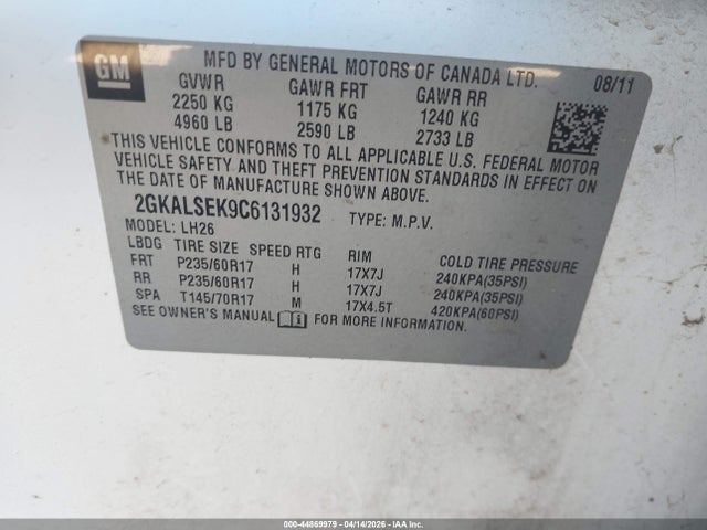Aukcja sprzedaży 2012 Gmc Terrain Sle-2, vin: 2GKALSEK9C6131932, numer aukcji: 44869979