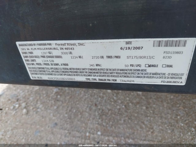 Продажа на аукционе авто 2008 Forest River Flagstaff, vin: 4X4CFS6108D159803, номер лота: 44869982